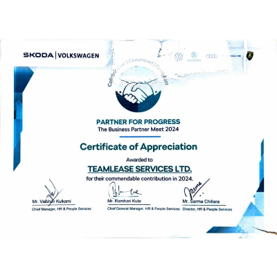 Certification of Appreciation from Skoda for Best Statutory Compliance Performance Award 2024